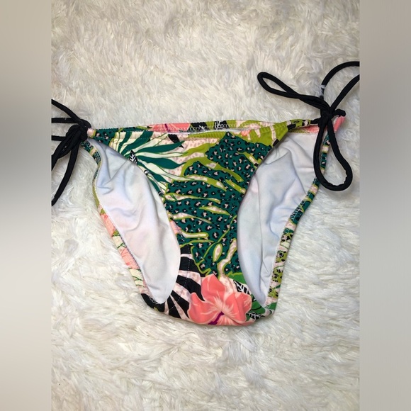 VENUS green and pink Tropical Print Bikini Bottom with Black Ties size 2 NWOT - Picture 1 of 10